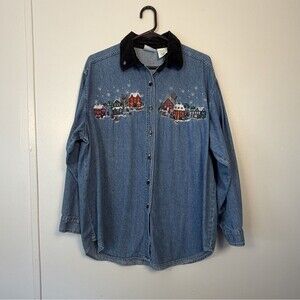 VTG Bobbie Brooks Christmas Denim Shirt Women XL Embroidered Winter Village 90s